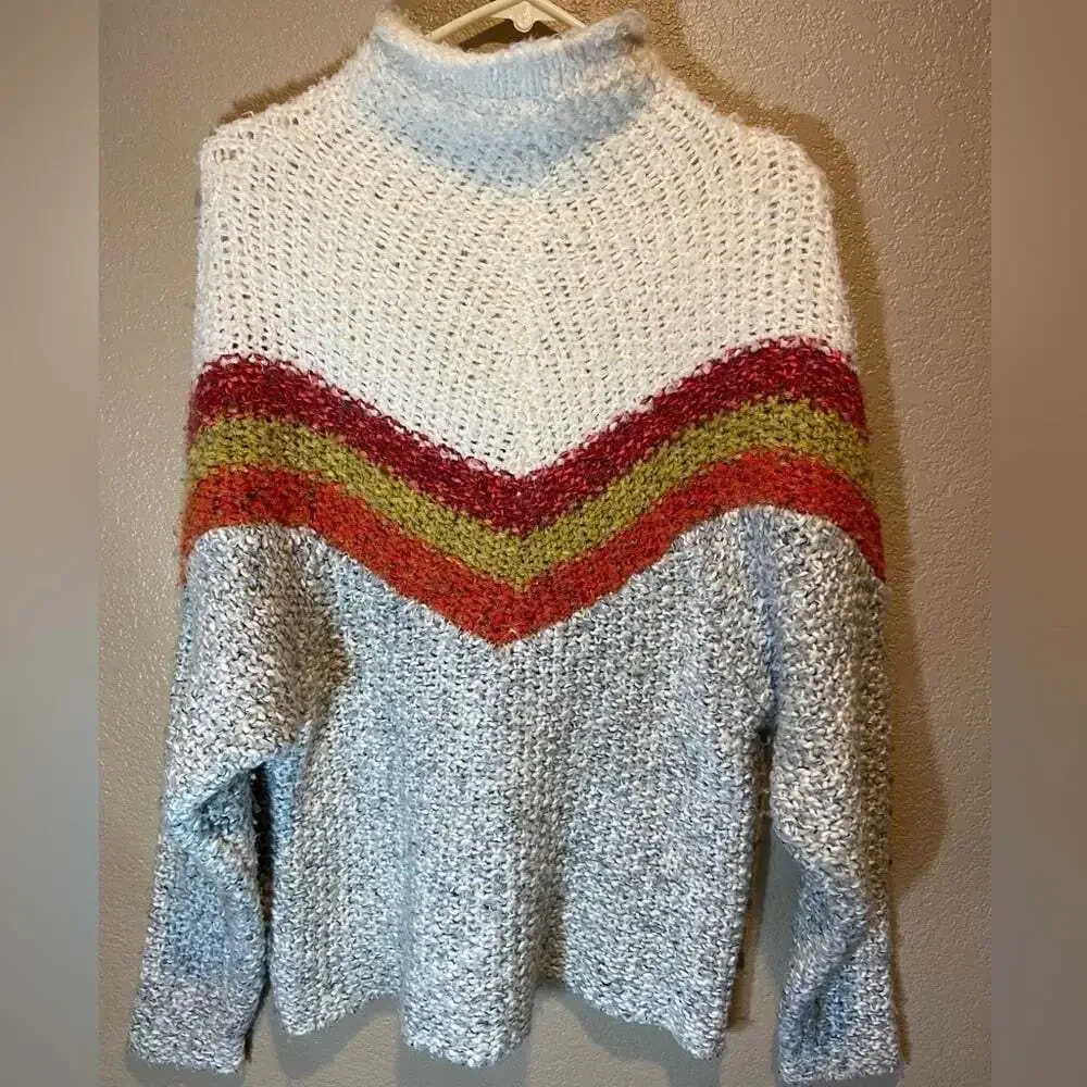 Free People Oversized Multicolor Chevron Knit Turtleneck Sweater